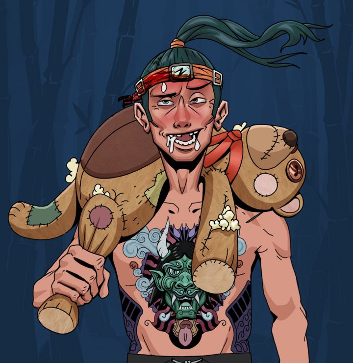 Yuuki — Degen Dojo NFT art (Shirtless Runt, Night Forest, Degens, Blue Oni Tattoo, Yuuki, Green Bandana, Teddy Bear, Mint)