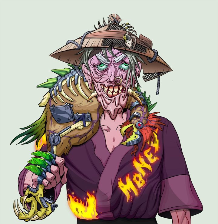 Assassin Fuzen — Degen Dojo NFT art (Shirtless Runt, Olive Green, Demons, Money Kimono, Assassin Fuzen, Wide Kasa Fisherman, Chicken, Mint)