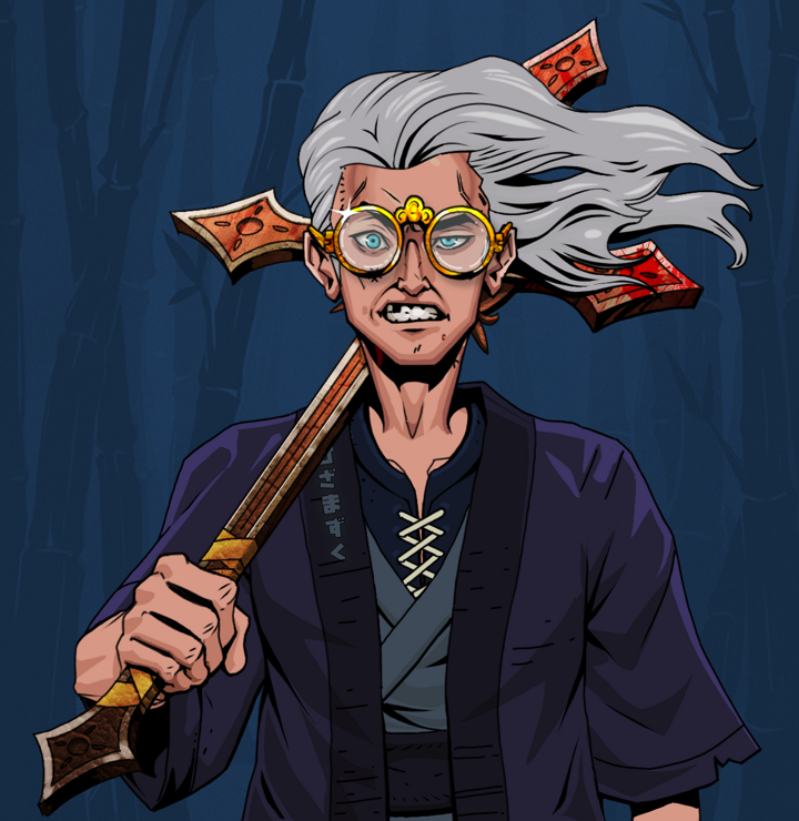 Akuma — Degen Dojo NFT art (Shirtless Runt, Night Forest, Degens, Daimyo Warrior Kimono, Akuma, Golden Glasses, Wise Greatness, Jesuit Bloody Cross, Mint)