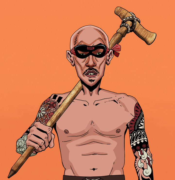 Gloomy Masumi — Degen Dojo NFT art (Shirtless Runt, Orange Afternoon, Degens, Yakuza Tattoo Sleeves, Gloomy Masumi, Degen Superhero, Bald, Wooden Walking Cane, Mint)