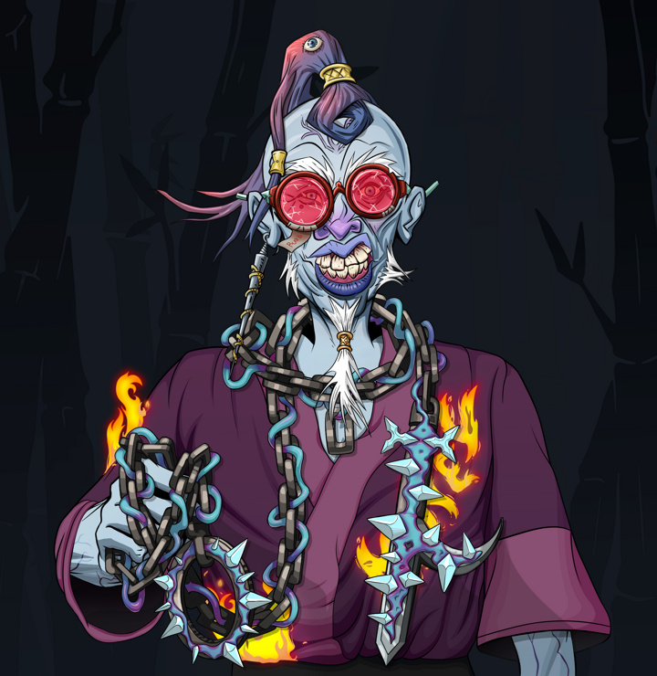 Yuji The Wise — Degen Dojo NFT art (Shark Tooth, Night Forest, Demons, Money Kimono, Yuji The Wise, Broken Glasses, Dejen Samurai, Heavy Kyoketsu, Mint)