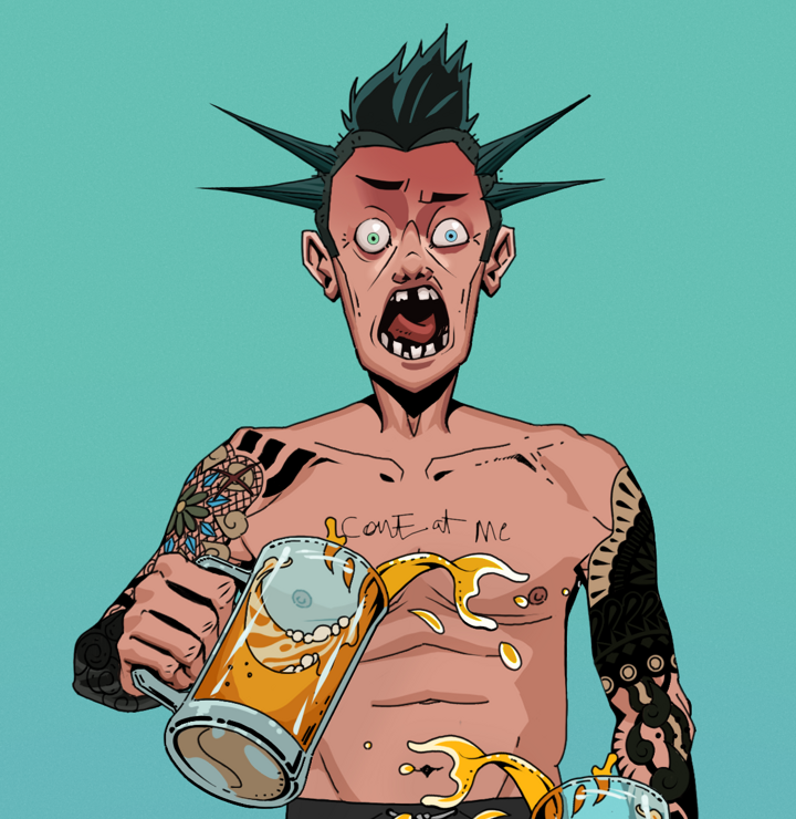 Tokuda — Degen Dojo NFT art (Shirtless Runt, Teal Daytime, Degens, Black Yakuza Sleeves, Tokuda, Yakuza Ruffian, Beer Splash, Mint)