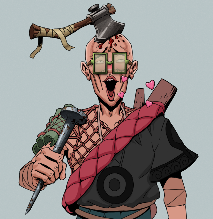 Lovey Haruto — Degen Dojo NFT art (Shirtless Runt, Light Grey, Degens, Village Leader, Lovey Haruto, Shoji Glasses, Splitting Axe Ache, Rusty Nail, Mint)