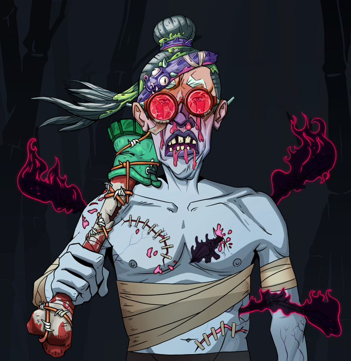 Teary Goro — Degen Dojo NFT art (Shirtless Runt, Night Forest, Demons, Bloody Mess, Teary Goro, Broken Glasses, Long Flowing, Spiky Femur, Mint)