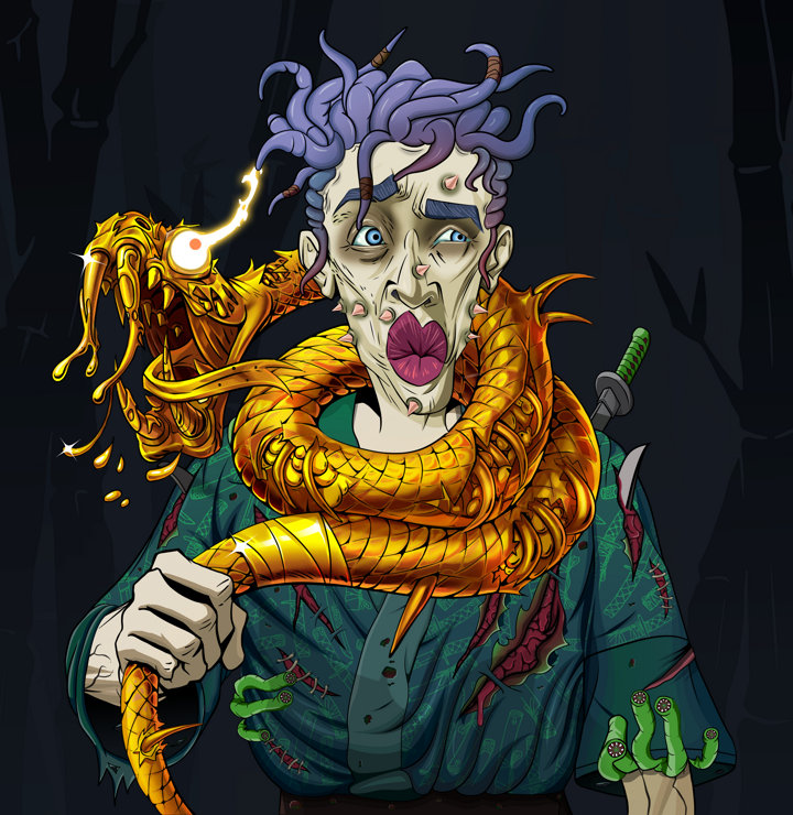 Masumi Steel — Degen Dojo NFT art (Shirtless Runt, Night Forest, Demons, Katanajamas Kimono, Masumi Steel, Messy, Golden Snake, Mint)
