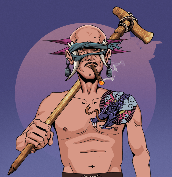 Raikou The Stoner — Degen Dojo NFT art (Iron Earrings, Purple Night, Degens, Dragon Head Tattoo, Raikou The Stoner, Tied Horns, Dejen Mohawk, Wooden Walking Cane, Mint)