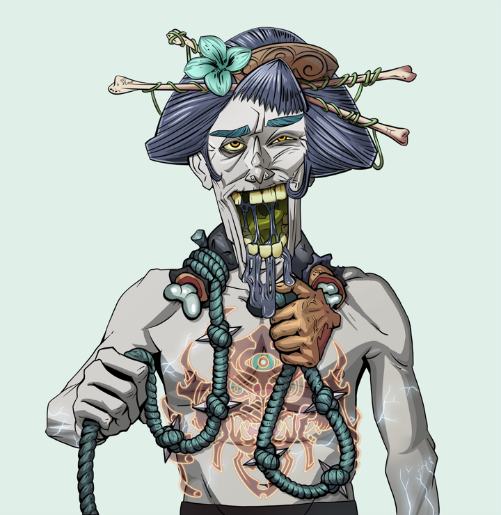 Yuuki — Degen Dojo NFT art (Shirtless Runt, Teal Daytime, Demons, Red Oni Tattoo, Yuuki, Disheveled Geisha, Noose, Mint)