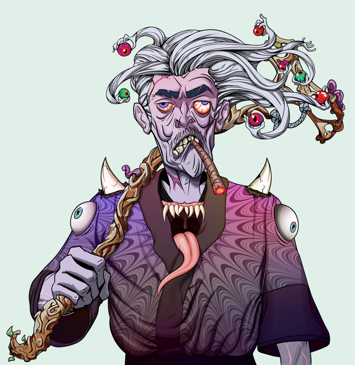 Raikou The Stoner — Degen Dojo NFT art (Shirtless Runt, Teal Daytime, Demons, Autumn Sakura Kimono, Raikou The Stoner, Wise Greatness, Wooden Walking Cane, Mint)