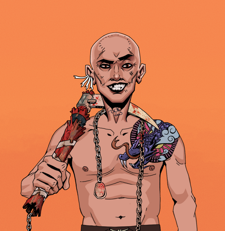 Junichiro — Degen Dojo NFT art (Chicken Bones, Orange Afternoon, Degens, Dragon Head Tattoo, Junichiro, Shirtless Runt, Bald, Rusty Kusarigama, Mint)