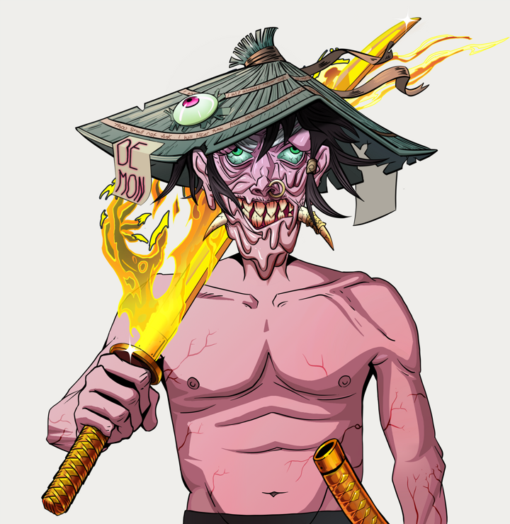 Assassin Fuzen — Degen Dojo NFT art (Shirtless Runt, Warm Grey, Demons, Assassin Fuzen, High Straw Rice Hat, Golden Katana, Mint)