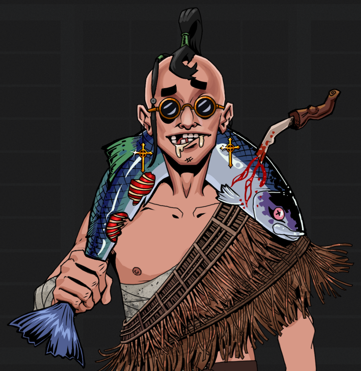 Drooling Azuma — Degen Dojo NFT art (Golden Jesuit Crosses, Shoji Night, Degens, Dried Straw, Drooling Azuma, Dark Spectacles, Dejen Samurai, Dead Fish, Mint)