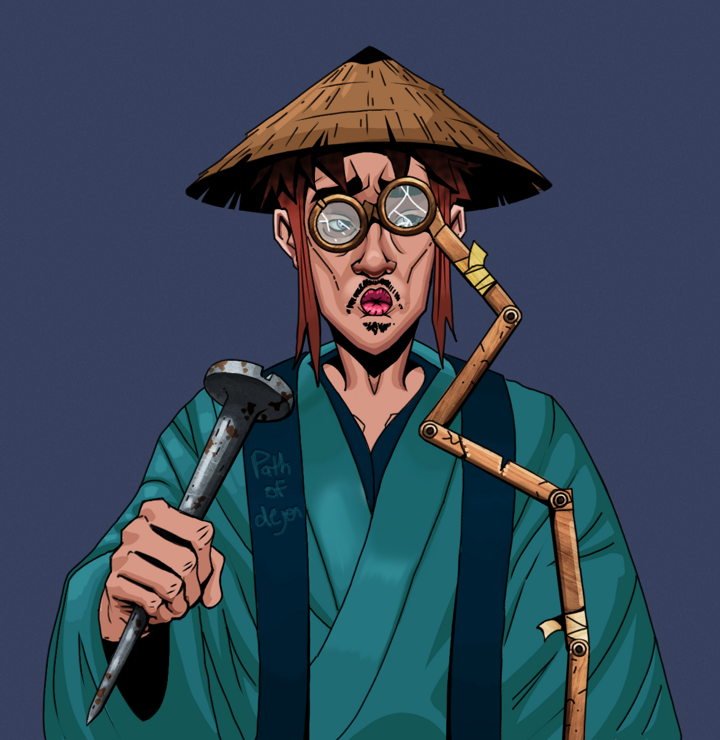 Masumi Steel — Degen Dojo NFT art (Shirtless Runt, Blue Evening, Degens, Dejen Apostate, Masumi Steel, Telescopic Glasses, Rice Hat, Rusty Nail, Mint)