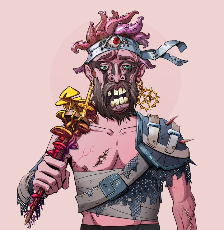 Oleg Of War — Degen Dojo NFT art (Golden Jesuit Crosses, Red High Moon, Demons, Dried Straw, Oleg Of War, Shirtless Runt, Karate Headband, Rusty Nail, Mint)