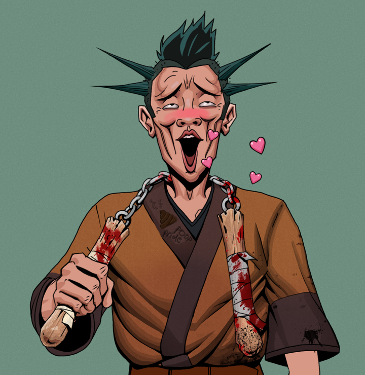 Lovey Haruto — Degen Dojo NFT art (Shirtless Runt, Olive Green, Degens, Poop Pride Kimono, Lovey Haruto, Yakuza Ruffian, Bloody Nunchucks, Mint)