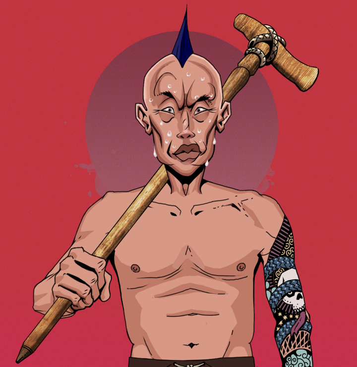 Stresshead Rin — Degen Dojo NFT art (Shirtless Runt, Red High Moon, Degens, Skull Sleeve, Stresshead Rin, Mohawk Spike, Wooden Walking Cane, Mint)
