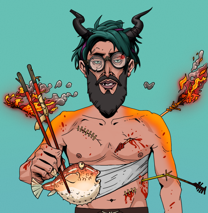 Serious Oleg — Degen Dojo NFT art (Shirtless Runt, Teal Daytime, Degens, Bloody Mess, Serious Oleg, Bloodied Glasses, Black Oni Horns, Frightened Fugu, Mint)