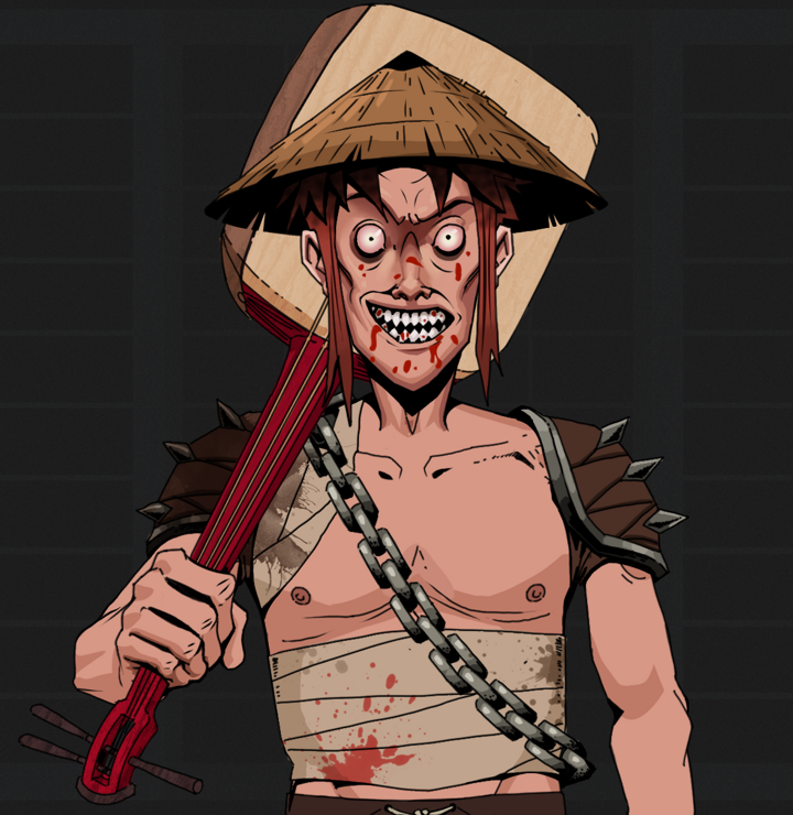 Assassin Fuzen — Degen Dojo NFT art (Shirtless Runt, Shoji Night, Degens, Mercenary, Assassin Fuzen, Rice Hat, Shamisen, Mint)
