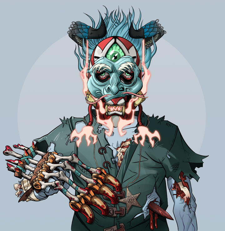 Teary Goro — Degen Dojo NFT art (Shirtless Runt, Grey Mist, Demons, Dirty Peasant Rags, Teary Goro, Kitsune Mask, Black Oni Horns, Tekko-Kagi Claws, Mint)