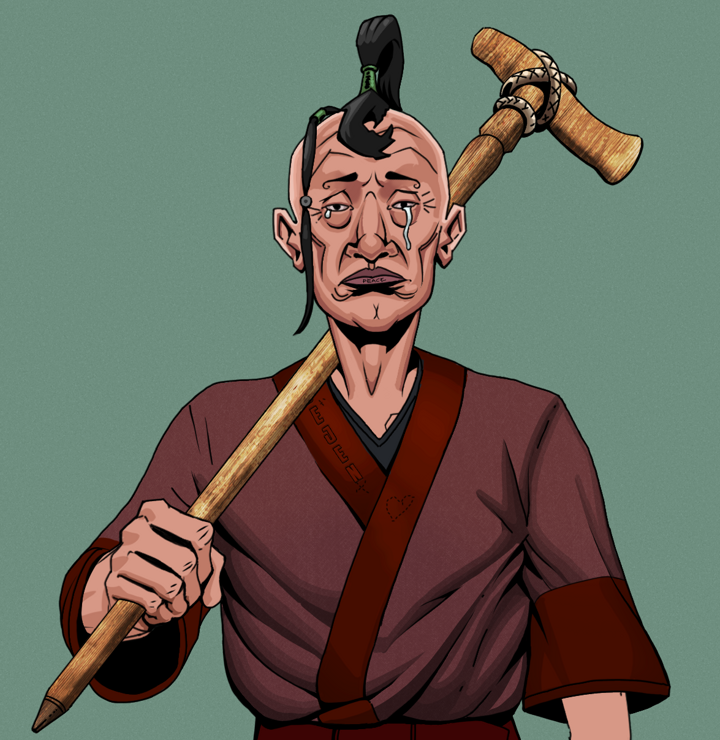 Teary Goro — Degen Dojo NFT art (Shirtless Runt, Olive Green, Degens, Proud Dejen Kimono, Teary Goro, Dejen Samurai, Wooden Walking Cane, Mint)