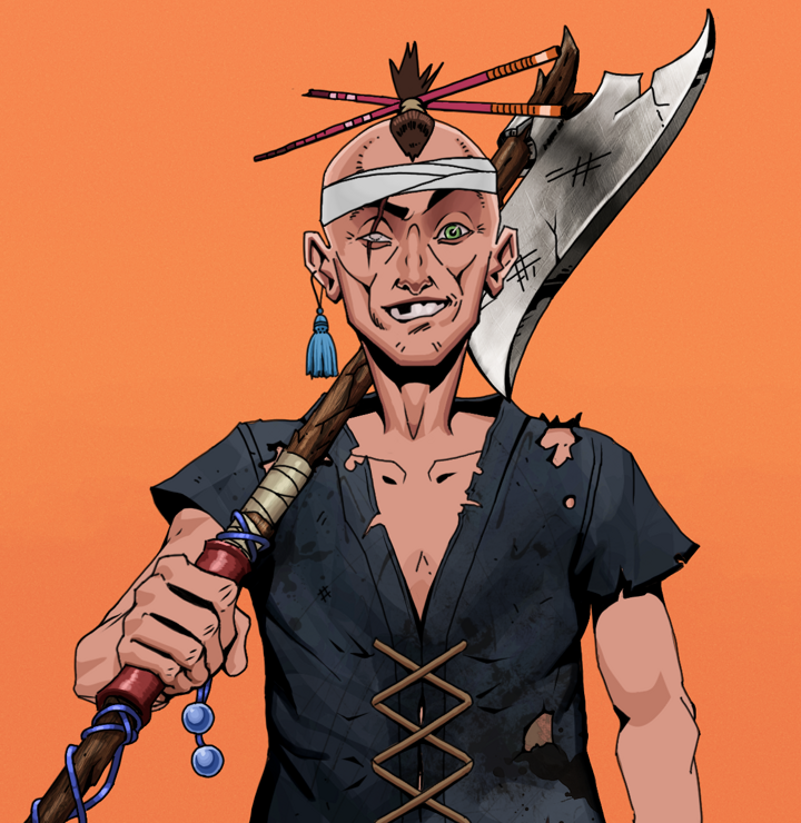 One-Eyed Itsuki — Degen Dojo NFT art (Tassel, Orange Afternoon, Degens, Black Peasant Sack, One-Eyed Itsuki, Shirtless Runt, Hair Bun With Chopsticks, Broken Nagatina, Mint)
