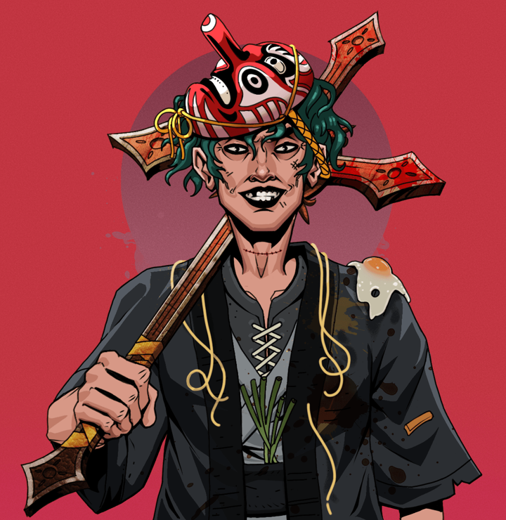Junichiro Reborn — Degen Dojo NFT art (Shirtless Runt, Red High Moon, Degens, Glutton Fight, Junichiro Reborn, Tengu Mask, Jesuit Bloody Cross, Mint)