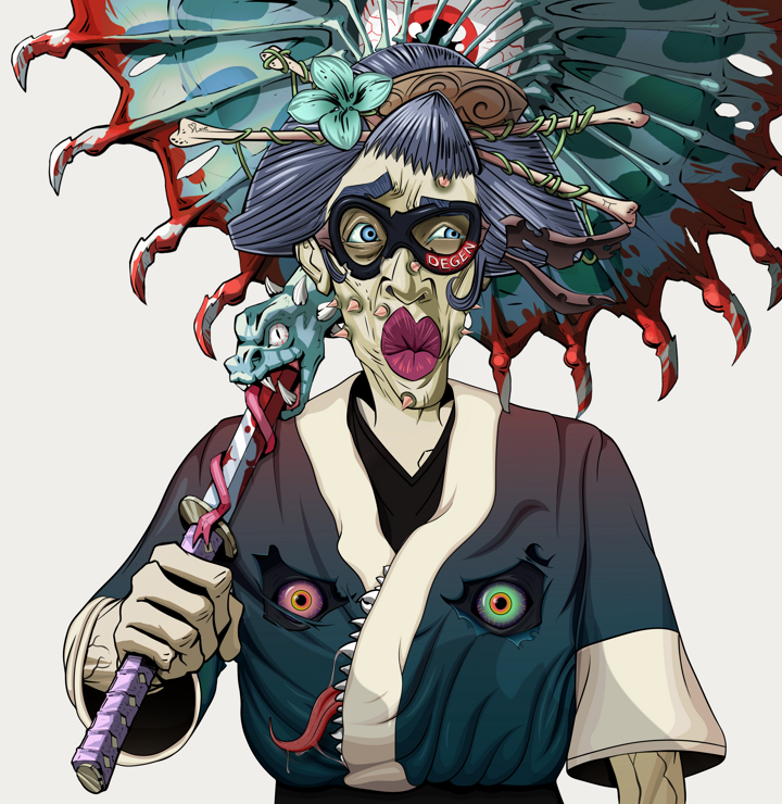 Masumi Steel — Degen Dojo NFT art (Shirtless Runt, Warm Grey, Demons, Skull Kimono, Masumi Steel, Degen Superhero, Disheveled Geisha, Floral Parasol, Mint)