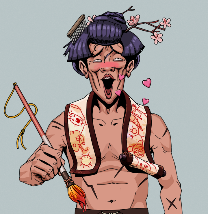 Lovey Haruto — Degen Dojo NFT art (Shirtless Runt, Light Grey, Degens, Battle Scars, Lovey Haruto, Disheveled Geisha, Paintbrush, Mint)