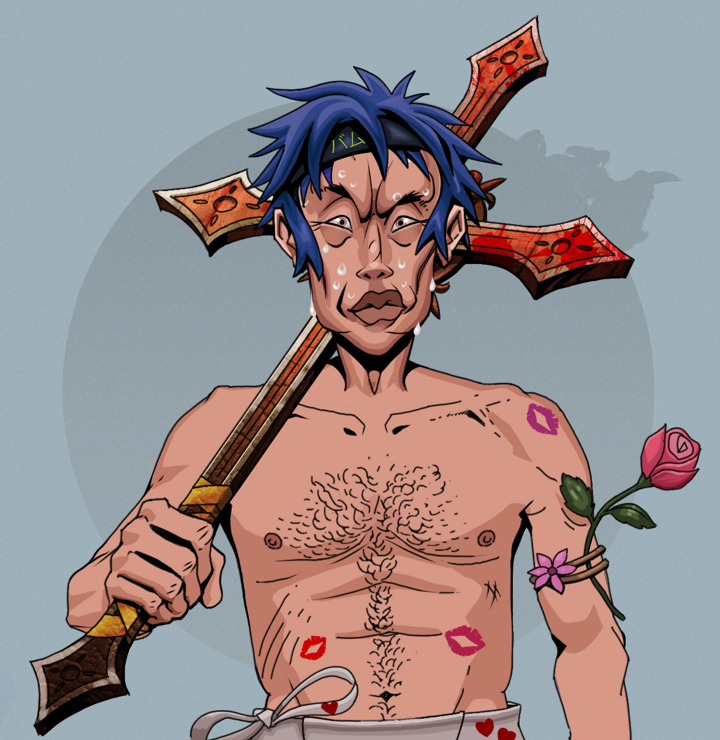 Stresshead Rin — Degen Dojo NFT art (Shirtless Runt, Grey Mist, Degens, Womanizer, Stresshead Rin, Bum Headband Ruffian, Jesuit Bloody Cross, Mint)