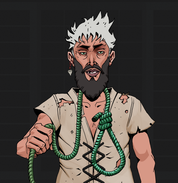 Serious Oleg — Degen Dojo NFT art (Shark Tooth, Shoji Night, Degens, Rice Sack Rags, Serious Oleg, Shirtless Runt, Short Spiky Grey, Noose, Mint)