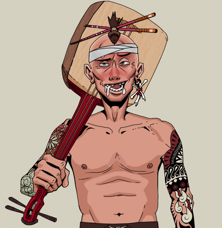 Yuuki — Degen Dojo NFT art (Finger Bones, Warm Grey, Degens, Yakuza Tattoo Sleeves, Yuuki, Shirtless Runt, Hair Bun With Chopsticks, Shamisen, Mint)
