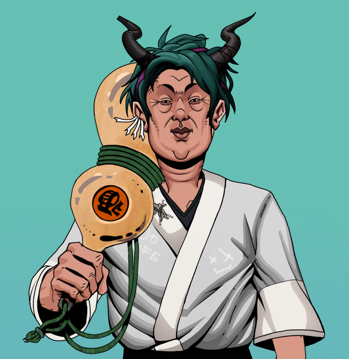 Fat Bob — Degen Dojo NFT art (Chicken Bones, Teal Daytime, Degens, No Honor Kimono, Fat Bob, Shirtless Runt, Black Oni Horns, Giant Sake Bottle, Mint)