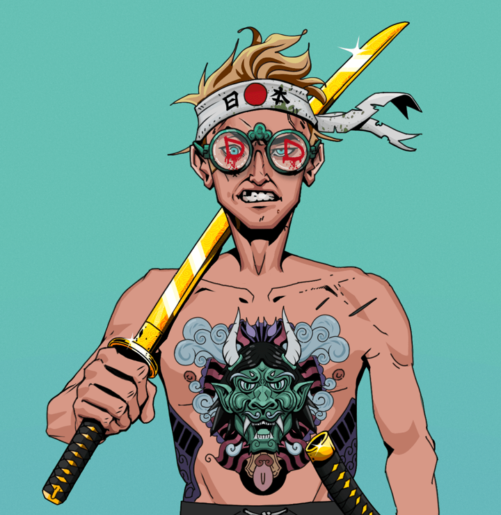 Akuma — Degen Dojo NFT art (Shirtless Runt, Teal Daytime, Degens, Blue Oni Tattoo, Akuma, Dojo Graffiti, Karate Headband, Golden Katana, Mint)