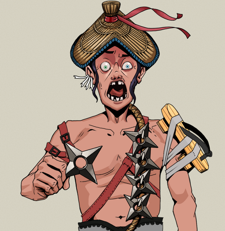 Tokuda — Degen Dojo NFT art (Chicken Bones, Warm Grey, Degens, Strap On Geta, Tokuda, Shirtless Runt, High Straw Rice Hat, Shuriken Belt, Mint)