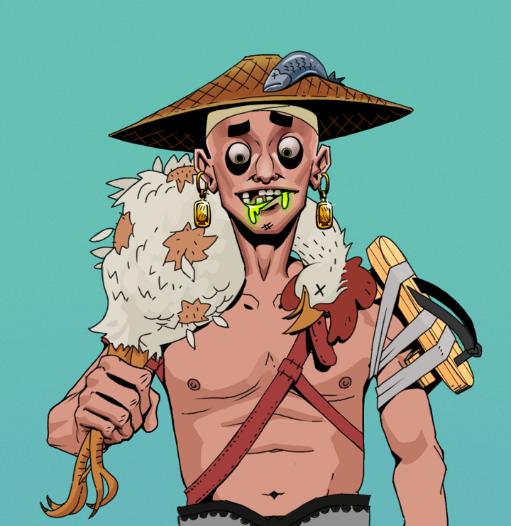 Toxic Azuma — Degen Dojo NFT art (Gold Earrings, Teal Daytime, Degens, Strap On Geta, Toxic Azuma, Shirtless Runt, Wide Kasa Fisherman, Chicken, Mint)