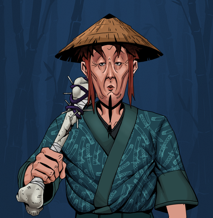 Edmundo — Degen Dojo NFT art (Shirtless Runt, Night Forest, Degens, Katanajamas Kimono, Edmundo, Rice Hat, Spiky Femur, Mint)