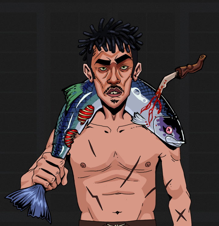 Gloomy Masumi — Degen Dojo NFT art (Shirtless Runt, Shoji Night, Degens, Battle Scars, Gloomy Masumi, Black Bantu Knots, Dead Fish, Mint)