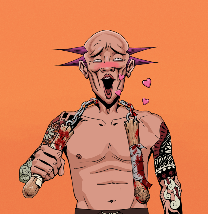 Lovey Haruto — Degen Dojo NFT art (Shirtless Runt, Orange Afternoon, Degens, Yakuza Tattoo Sleeves, Lovey Haruto, Dejen Mohawk, Bloody Nunchucks, Mint)