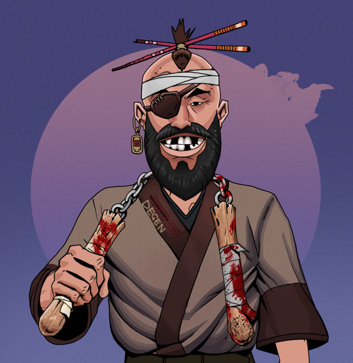 Igor The Veteran — Degen Dojo NFT art (Dojo Paper Earring, Purple Night, Degens, Degen Dojo Kimono, Igor The Veteran, Shirtless Runt, Hair Bun With Chopsticks, Bloody Nunchucks, Mint)