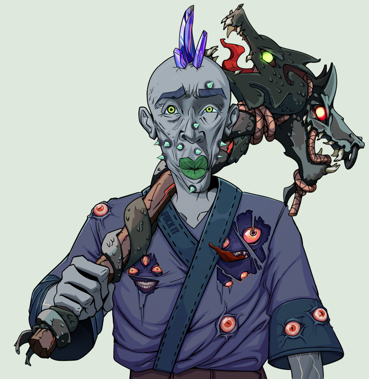 Gloomy Masumi — Degen Dojo NFT art (Shirtless Runt, Olive Green, Demons, Fuck You Kimono, Gloomy Masumi, Mohawk Spike, Wooden Warhammer, Mint)