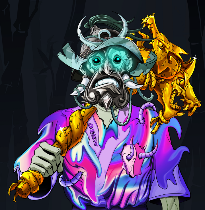 Fat Bob — Degen Dojo NFT art (Shirtless Runt, Night Forest, Demons, Rainbow Kimono, Fat Bob, Black Iron Kabuto, Golden Warhammer, Mint)