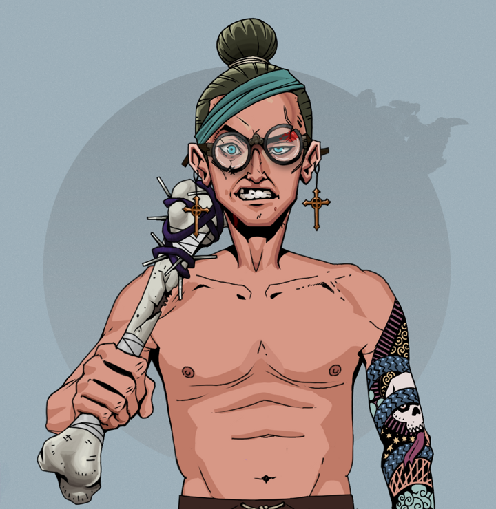 Akuma — Degen Dojo NFT art (Jesuit Crosses, Grey Mist, Degens, Skull Sleeve, Akuma, Bloodied Glasses, Hair Bun, Spiky Femur, Mint)