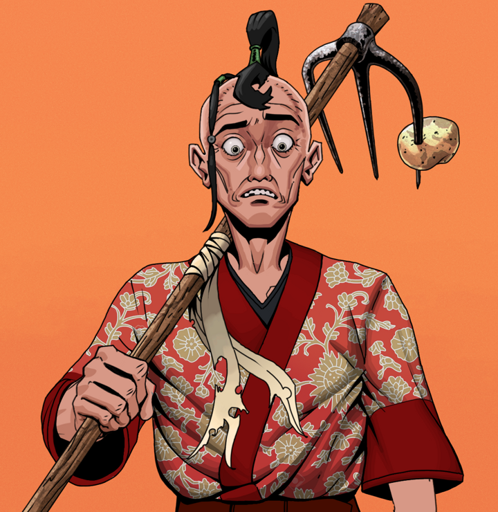 Shitless Botan — Degen Dojo NFT art (Shirtless Runt, Orange Afternoon, Degens, Silken Sunflower Kimono, Shitless Botan, Dejen Samurai, Farmers Hoe, Mint)