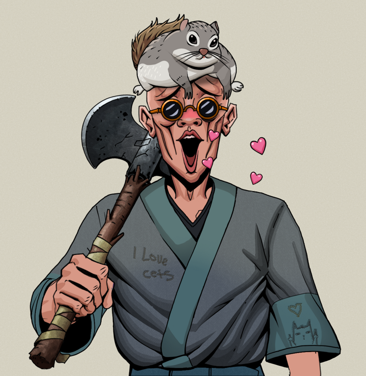 Lovey Haruto — Degen Dojo NFT art (Shirtless Runt, Warm Grey, Degens, Cet Kimono, Lovey Haruto, Dark Spectacles, Mr. Momonga Hat, Axe, Mint)