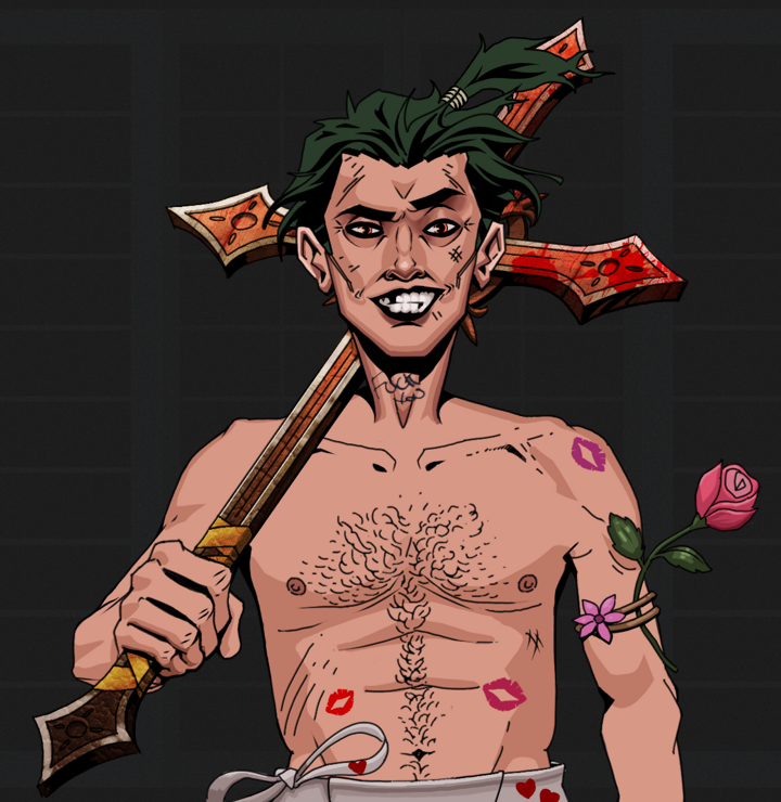 Junichiro — Degen Dojo NFT art (Shirtless Runt, Shoji Night, Degens, Womanizer, Junichiro, Messy Ponytail, Jesuit Bloody Cross, Mint)