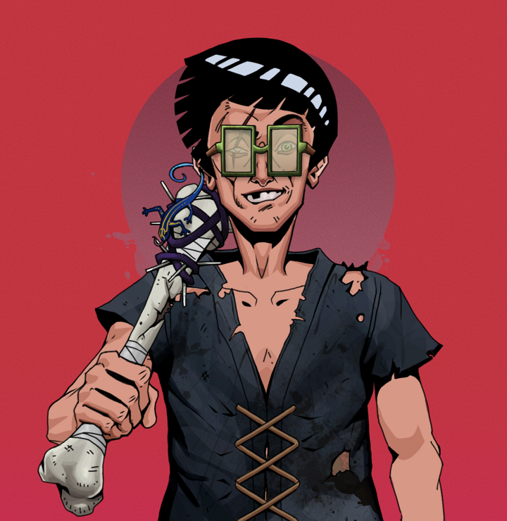 One-Eyed Itsuki — Degen Dojo NFT art (Lizard, Red High Moon, Degens, Black Peasant Sack, One-Eyed Itsuki, Shoji Glasses, Rock Lee, Spiky Femur, Mint)