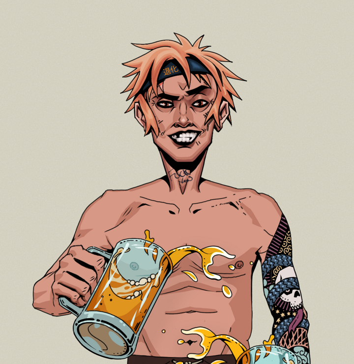 Junichiro — Degen Dojo NFT art (Shirtless Runt, Warm Grey, Degens, Skull Sleeve, Junichiro, Tiger Headband Ruffian, Beer Splash, Mint)