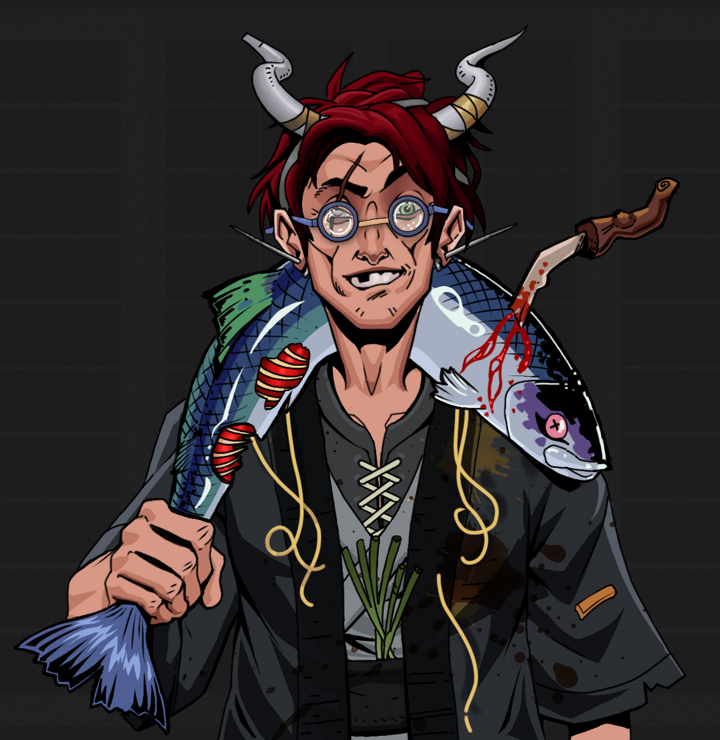 One-Eyed Itsuki — Degen Dojo NFT art (Nails, Shoji Night, Degens, Glutton Fight, One-Eyed Itsuki, Spectacles, Grey Oni Horns, Dead Fish, Mint)