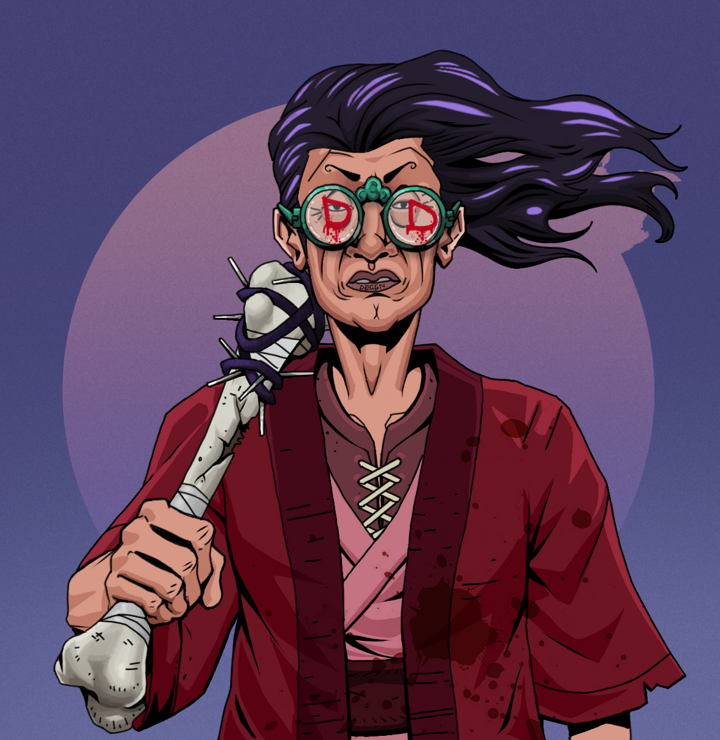 Goro — Degen Dojo NFT art (Shirtless Runt, Purple Night, Degens, Red Warrior Kimono, Goro, Dojo Graffiti, Flowing Battousai, Spiky Femur, Mint)
