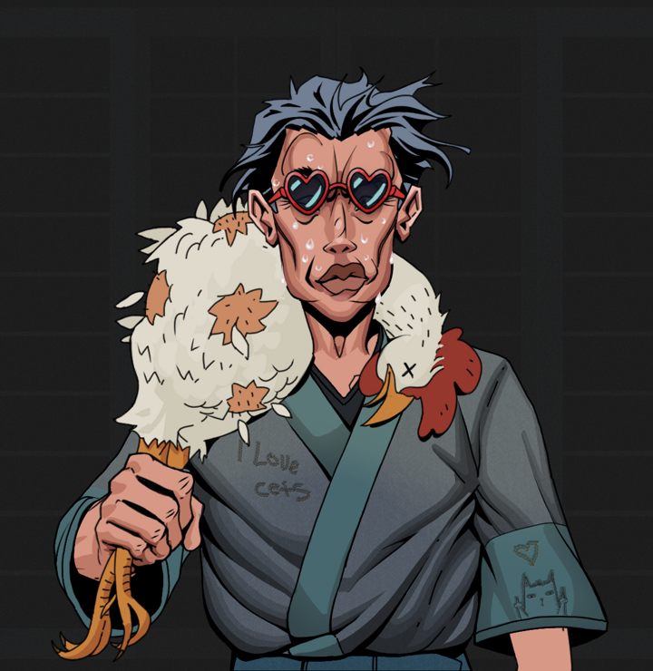 Stresshead Rin — Degen Dojo NFT art (Shirtless Runt, Shoji Night, Degens, Cet Kimono, Stresshead Rin, Loveheart Shades, Wavy, Chicken, Mint)