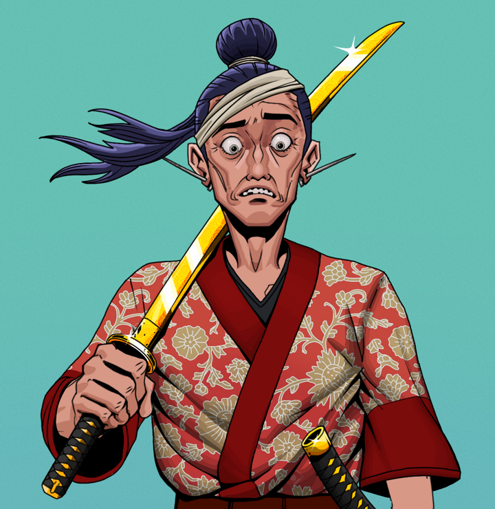 Shitless Botan — Degen Dojo NFT art (Nails, Teal Daytime, Degens, Silken Sunflower Kimono, Shitless Botan, Shirtless Runt, Long Flowing, Golden Katana, Mint)